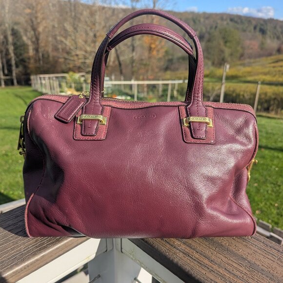 Vintage Coach Bordeaux Leather Satchel Handbag Tote Purse Gold and Maroon - Picture 1 of 11